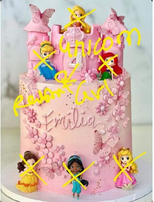 Special Order 2 tier 5&7" Castle cake with Unicorn Girl and 2 Rabbits